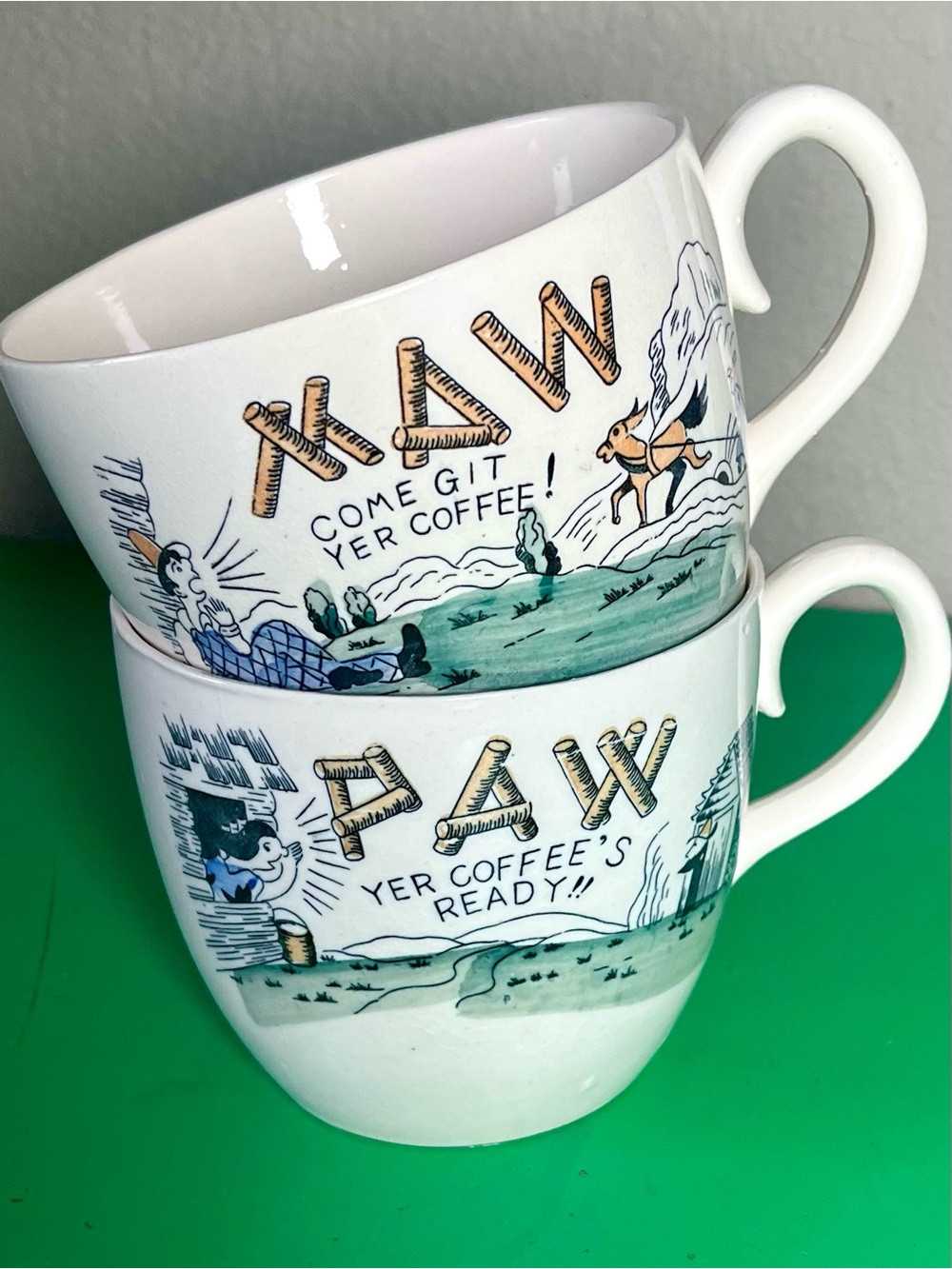 RARE Vintage 50s MAW and PAW Hillbilly Coffee Cups Mugs (2) Large 16oz